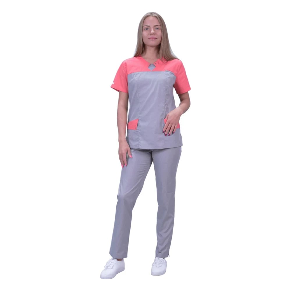 Костюм медицинский женский К2.001, серый с коралловым