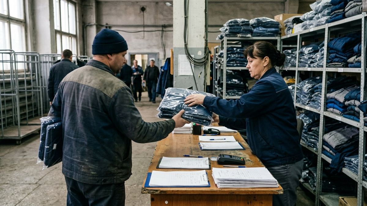 Рабочие получают спецодежду на выдаче предприятия Рабочие получают спецодежду на выдаче предприятия