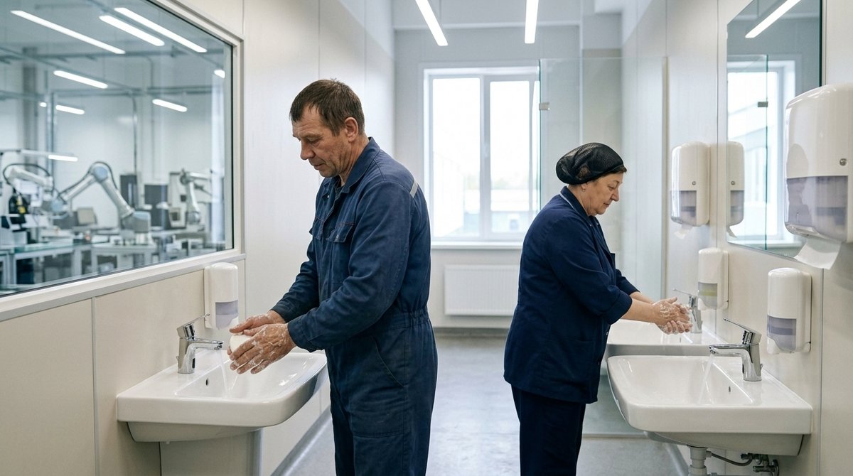 Двое сотрудников в чистых комбинезонах моют руки с мылом у современных раковин в светлом санитарно-бытовом помещении. Двое сотрудников в чистых комбинезонах моют руки с мылом у современных раковин в светлом санитарно-бытовом помещении.