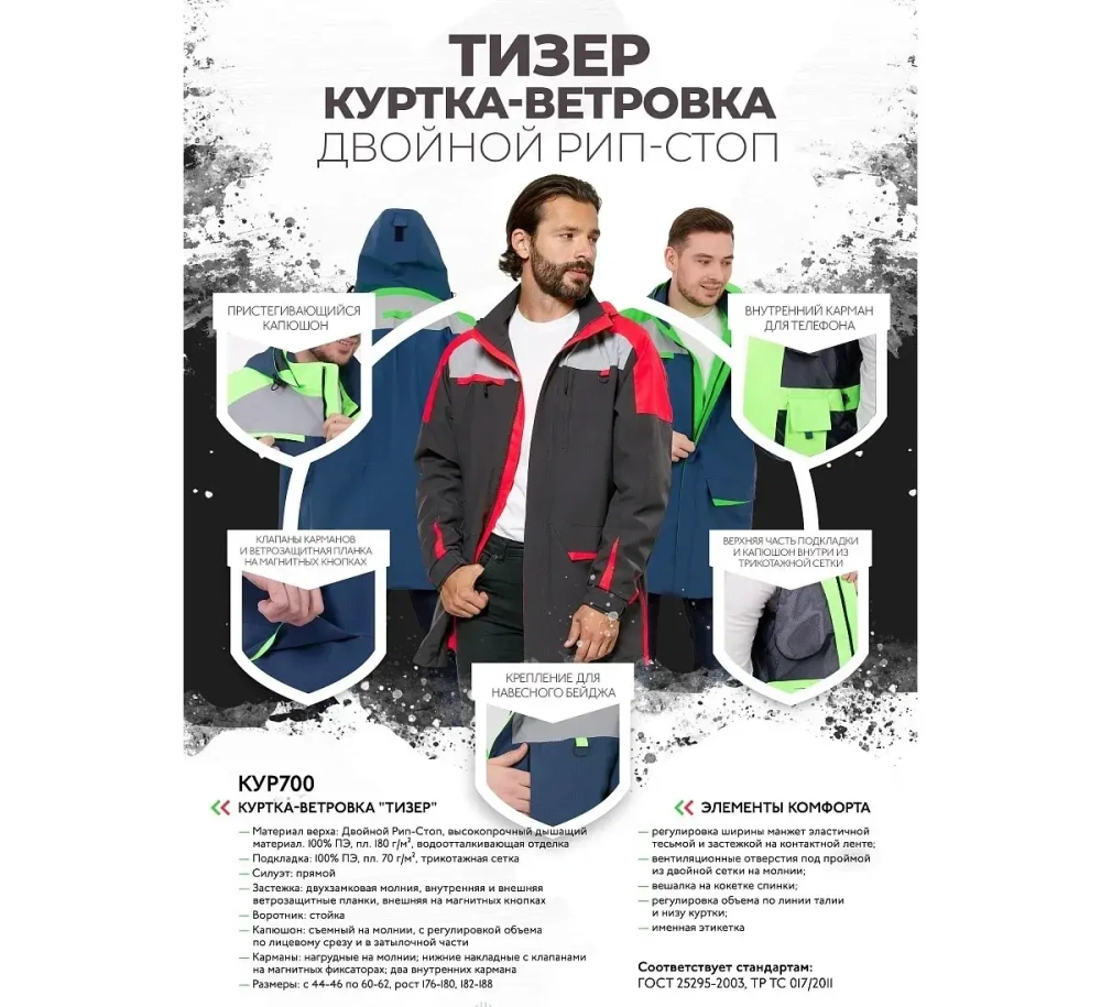 Куртка-ветровка мужская демисезонная Тизер, темно-синий, неон - купить по привлекательной цене в интернет-магазине СпецСнабУрал.